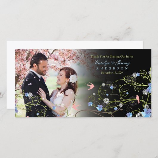 Carte De Remerciements Hibiscus bleu et hirondelles Chic Floral Mariage p (Devant / Derrière)