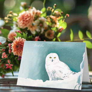 Carte De Remerciements Hibou blanc ciel arctique hiver neige sarcelle