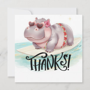 Carte De Remerciements Hippopotame surfeur sur planche de surf flottant d