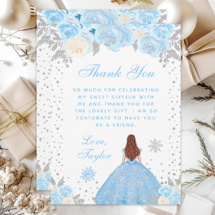 Carte De Remerciements Hiver Bleu Cheveux Bruns Princesse Douze Ans