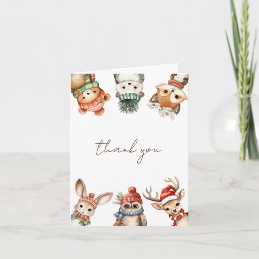 Carte De Remerciements Hiver Bois animaux sexe neutre baby shower (Devant)