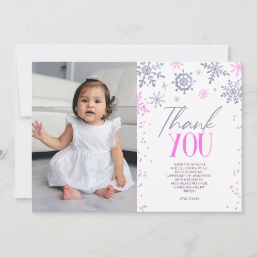 Carte De Remerciements Hiver ONE derland Pink Snowflake fête d'anniversai (Devant)