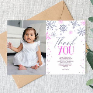 Carte De Remerciements Hiver ONE derland Pink Snowflake fête d'anniversai