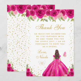 Carte De Remerciements Hot Pink Brunette Hair Princess Birthday Party