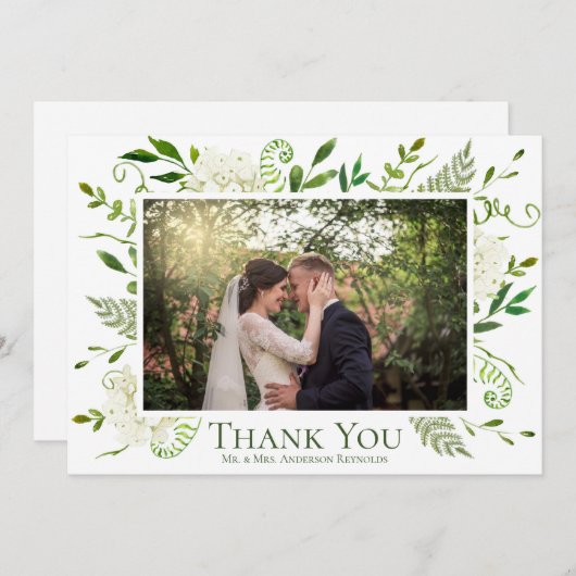 Carte De Remerciements Hydrangea Blanc Floral Photo Mariage plat (Devant / Derrière)