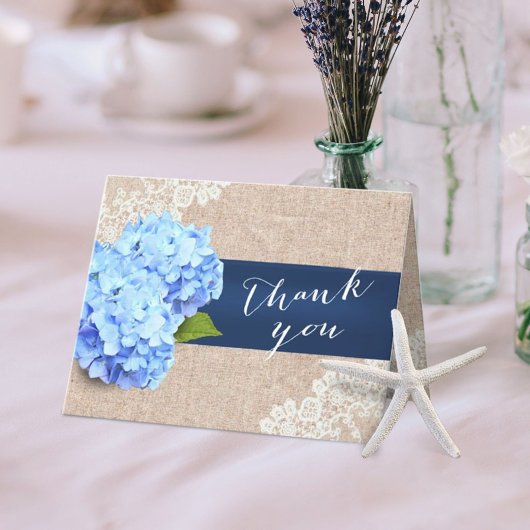 Carte De Remerciements Hydrangea Bleu Rustique Laçage & Toile de Jute Mer