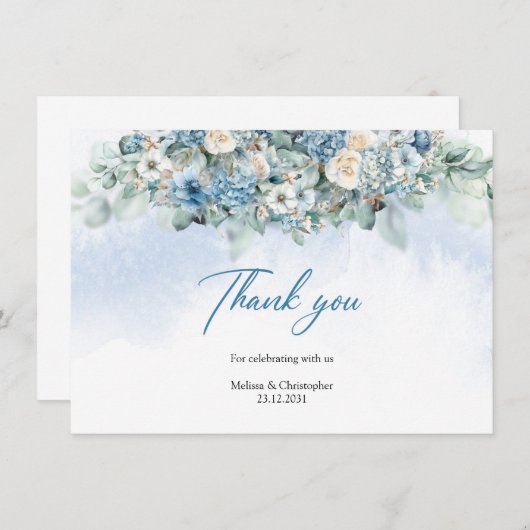 Carte De Remerciements Hydrangea bleue boho et roses blanches eucalyptus (Devant / Derrière)
