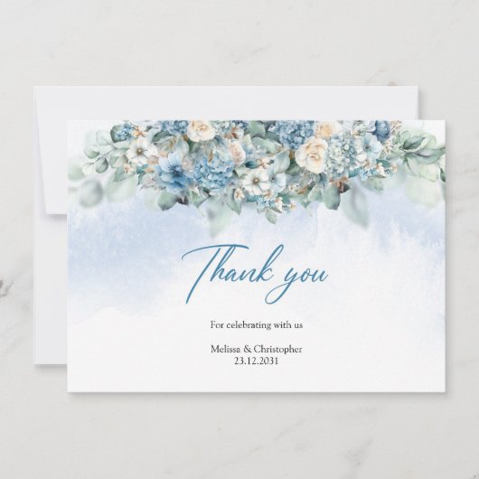 Carte De Remerciements Hydrangea bleue boho et roses blanches eucalyptus (Devant)