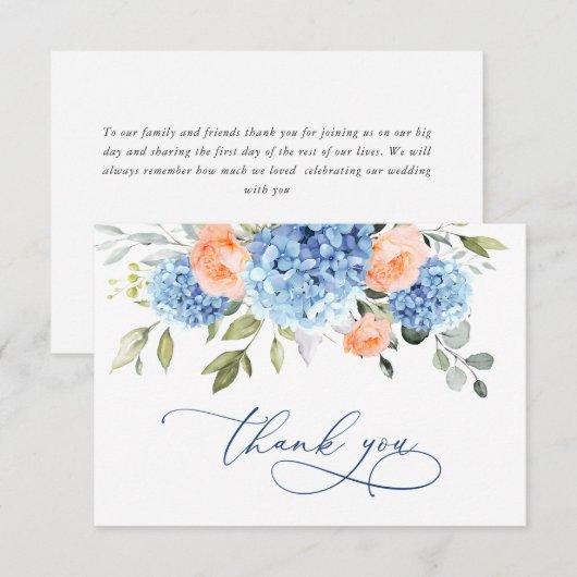 Carte De Remerciements Hydrangea Bleue Élégante Roses Fleurs Rose Pale (Devant / Derrière)