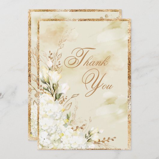 Carte De Remerciements Hydrangea Elegant Blanc Or Floral Mariage (Devant / Derrière)