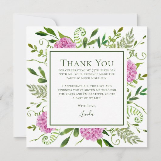 Carte De Remerciements Hydrangeas Roses 75 ans (Devant)