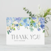 Carte De Remerciements Hydrangées bleues et Mariage Rose d'ivoire (Debout devant)