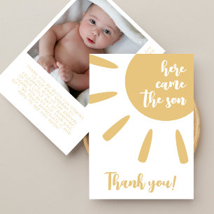 Carte De Remerciements Ici vint le Fils Aquarelle Soleil Photo Baby Showe
