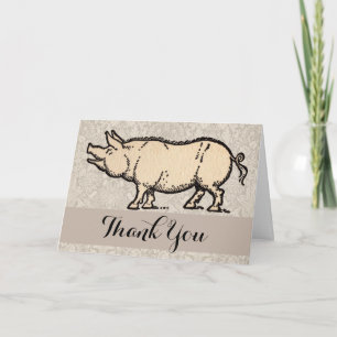 Carte De Remerciements Illustration de cochon antique mignon vintage