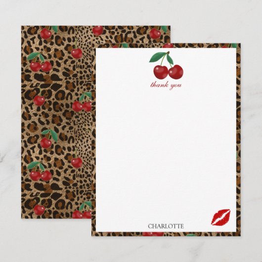 Carte De Remerciements Impression d'animal Léopard Guépard à motif Cerise (Devant / Derrière)