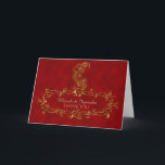 Carte de remerciements indienne de Peacock rouge e<br><div class="desc">Ce design élégant, appelé Red and Gold Peacock Mariage indien, a un arrière - plan rouge. Sur le devant de l'invitation il y a un paon doré avec un effet parties scintillant. Vers le bas est un motif de défilement de ligree or pour mettre en évidence le nom du couple...</div>
