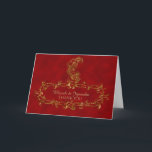 Carte de remerciements indienne de Peacock rouge e<br><div class="desc">Ce design élégant, appelé Red and Gold Peacock Mariage indien, a un arrière - plan rouge. Sur le devant de l'invitation il y a un paon doré avec un effet parties scintillant. Vers le bas est un motif de défilement de ligree or pour mettre en évidence le nom du couple...</div>