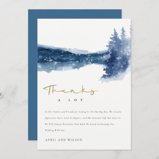 CARTE DE REMERCIEMENTS INDIGO INK BLUE MOUNTAIN LAKE PINE SNOW MARIAGE (Devant / Derrière)
