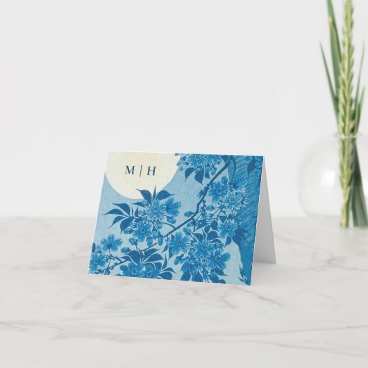 Carte De Remerciements Initiales en fleurs de cerisier bleu japonais (Devant)