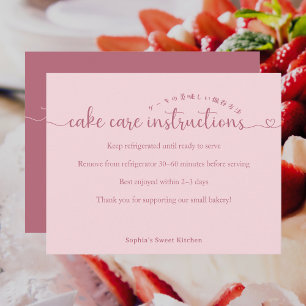 Carte De Remerciements Instructions de soin de gâteau de script rose simp