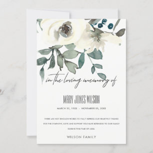 CARTE DE REMERCIEMENTS IVOIRE BLANC VERT ROSE SYMPATHIE FLORALE MÉMORIAL