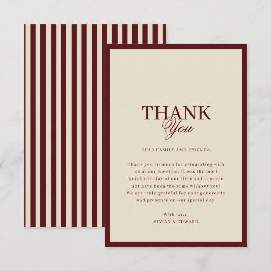 Carte De Remerciements Ivory & Burgundy Stripes Border Retro Wedding (Devant / Derrière)