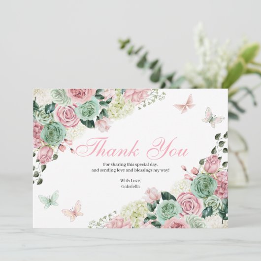 Carte De Remerciements Jardin enchanté rose et vert (Debout devant)