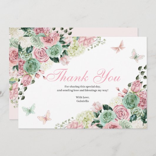 Carte De Remerciements Jardin enchanté rose et vert (Devant / Derrière)