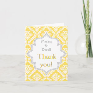 Carte De Remerciements Jaune citron gris damassé mariage photo de remerci