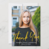 Carte De Remerciements Jaune | Graduation photo de script de pinceau mode (Devant)