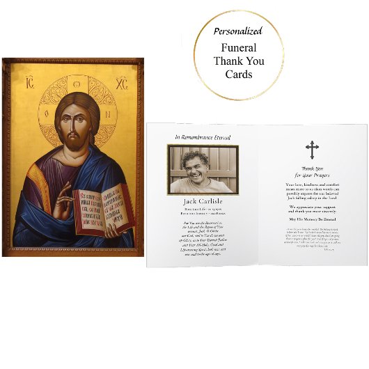 Carte De Remerciements Jésus Christ tenir l'icône des évangiles funéraill