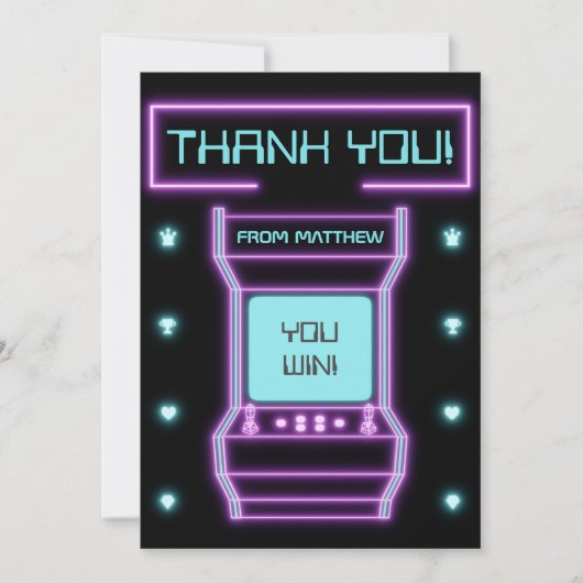 Carte De Remerciements Jeu vidéo rétro arcade bleu et rose (Devant)