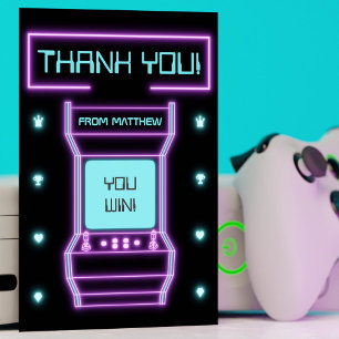 Carte De Remerciements Jeu vidéo rétro arcade rose et bleu