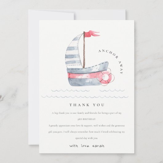 Carte De Remerciements Joli Anniversaire Enfant Bateau à Voile Rouge Bleu (Devant)