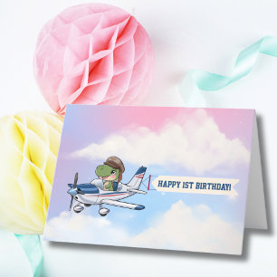 Carte De Remerciements Joli avion blanc bleu et dinosaure pour un premier