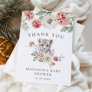 Carte De Remerciements Joli Baby shower d'hiver Léopard de neige en aquar