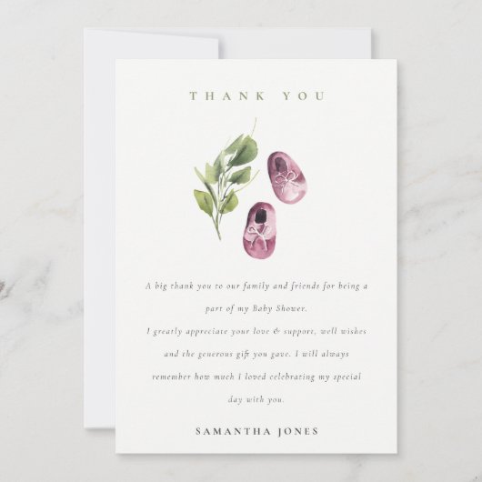 Carte De Remerciements Joli Baby shower Rose rose Fille Chaussures Foliag (Devant)