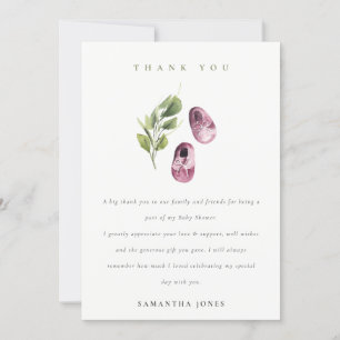 Carte De Remerciements Joli Baby shower Rose rose Fille Chaussures Foliag