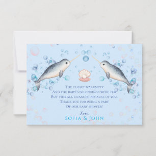 Carte De Remerciements Joli bébé océan Narwhal & bulles