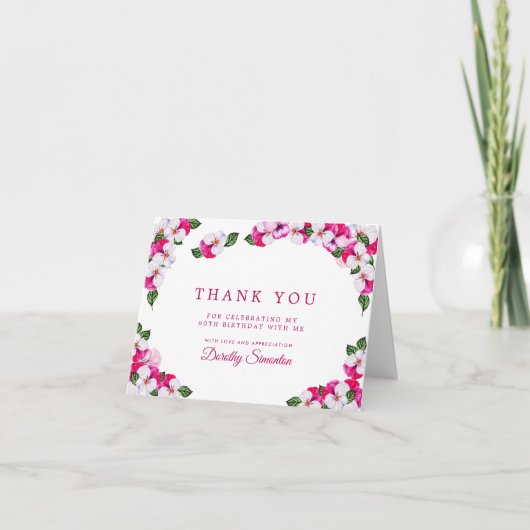 Carte De Remerciements Joli blanc rose floral 90e anniversaire (Devant)