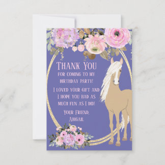 Carte De Remerciements Joli Cheval aux Fleurs Rose et Pervenche