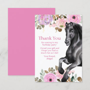 Carte De Remerciements Joli Cheval Noir avec Fleurs Roses Anniversaire