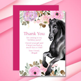Carte De Remerciements Joli Cheval Noir avec Fleurs Roses Anniversaire