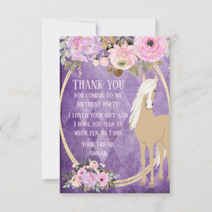 Carte De Remerciements Joli cheval Palomino fleurs roses et violettes