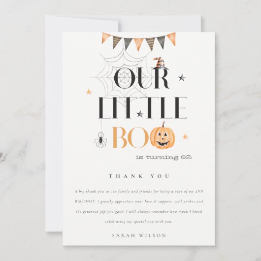 Carte De Remerciements Joli Citrouille Halloween Little Boo Anniversaire  (Devant)