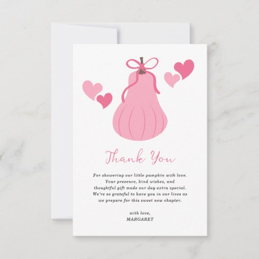 Carte De Remerciements Joli Citrouille rose Bow Script Baby shower fille (Devant)
