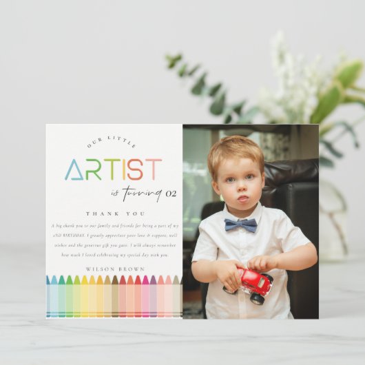 Carte De Remerciements Joli crayon d'artiste arc-en-ciel photo anniversai (Debout devant)