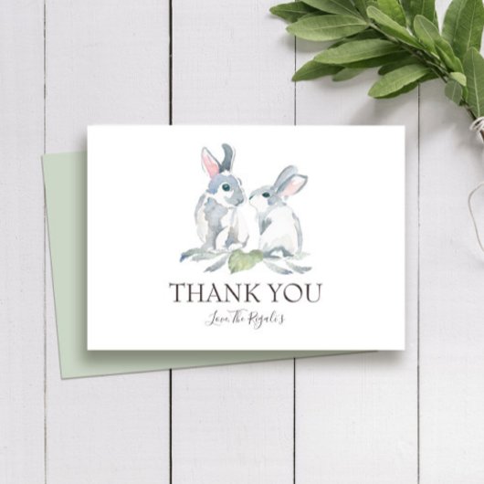 Carte De Remerciements Joli lapin d'aquarelle peint et Feuilles verts