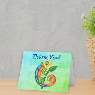 Carte De Remerciements Joli Lézard Couleurs Vives Feuille Branche Vert Bl
