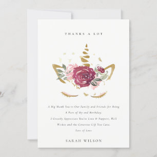 Carte De Remerciements Joli Licorne Floral Or Rose Anniversaire Tout Âge